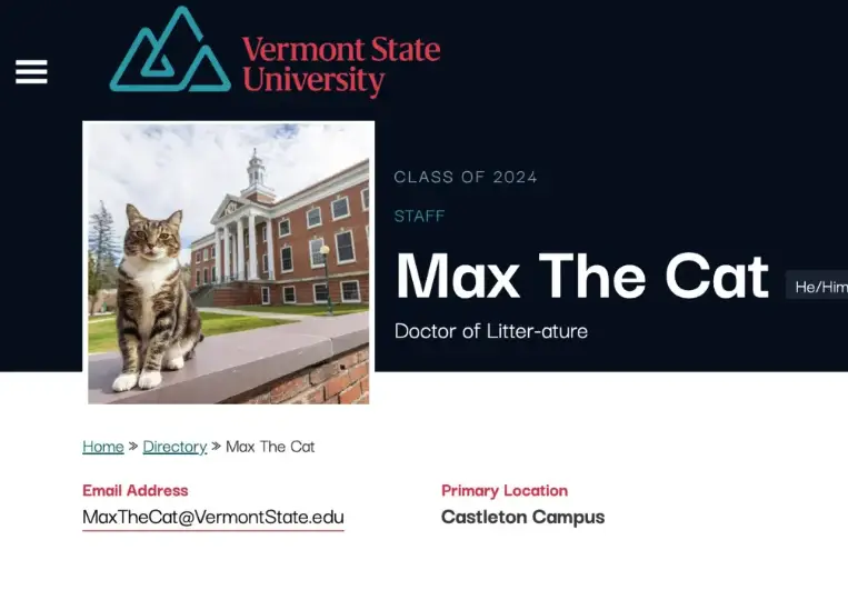 In a purr-fectly delightful twist, Max, a 6-year-old tabby cat, has been awarded an honorary degree by Vermont State University, earning the title of 'Doctor of Litter-ature'.