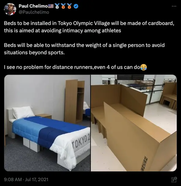 Paul Chelimo, a US runner and Olympic silver medalist, posted images of the beds at the Olympics 2020 on Twitter, claiming that the design is "aimed at minimizing contact among athletes," especially in light of COVID-19 prevention.