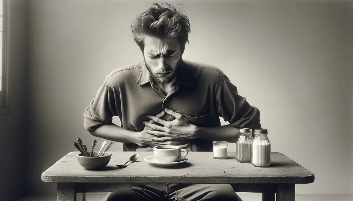 A person holding their stomach with a pained expression while sitting at a table with a cup of coffee, representing the digestive discomfort some individuals experience after drinking coffee.