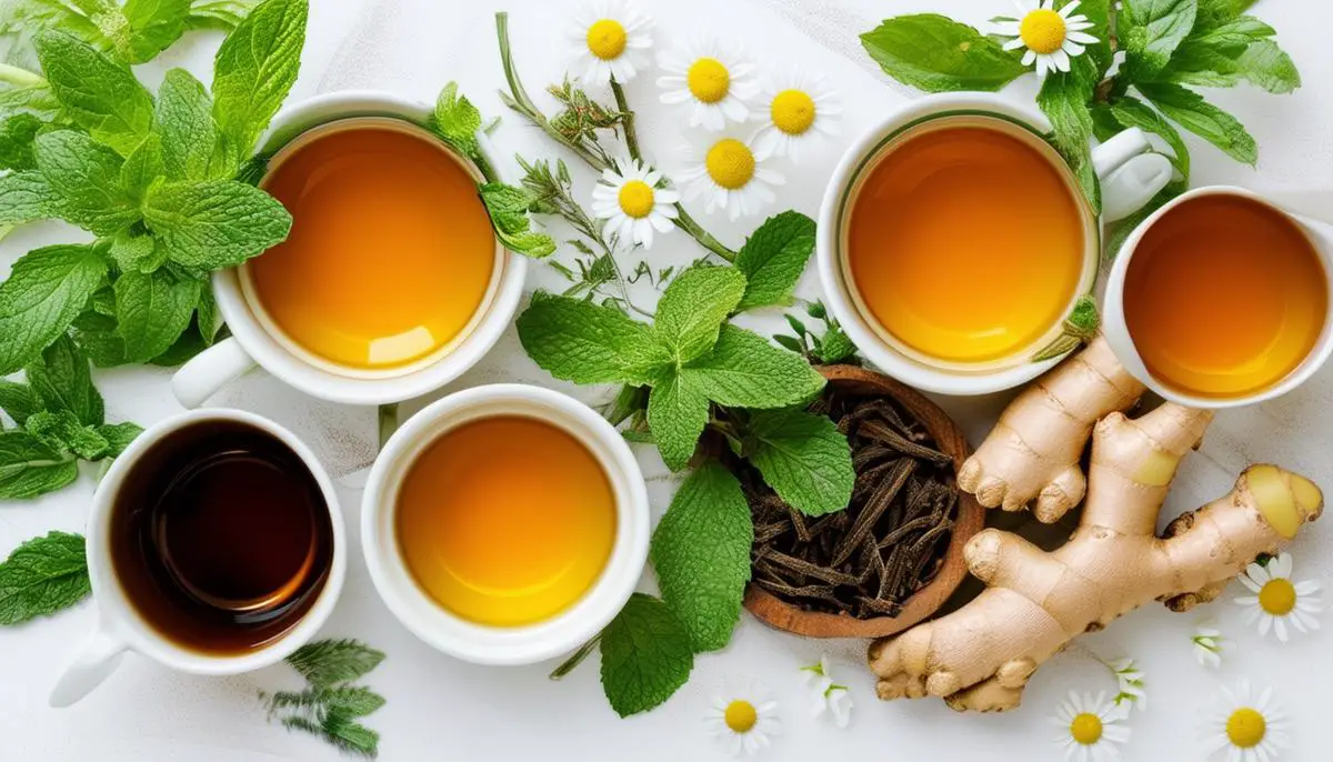 An inviting arrangement of herbal teas, such as peppermint, ginger, and chamomile, presented as soothing alternatives to coffee that can support digestion.