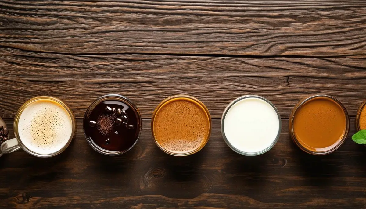 A selection of low-acid coffee options, such as cold brew and light roast, along with plant-based milk alternatives, demonstrating choices that can help prevent coffee-induced digestive issues.