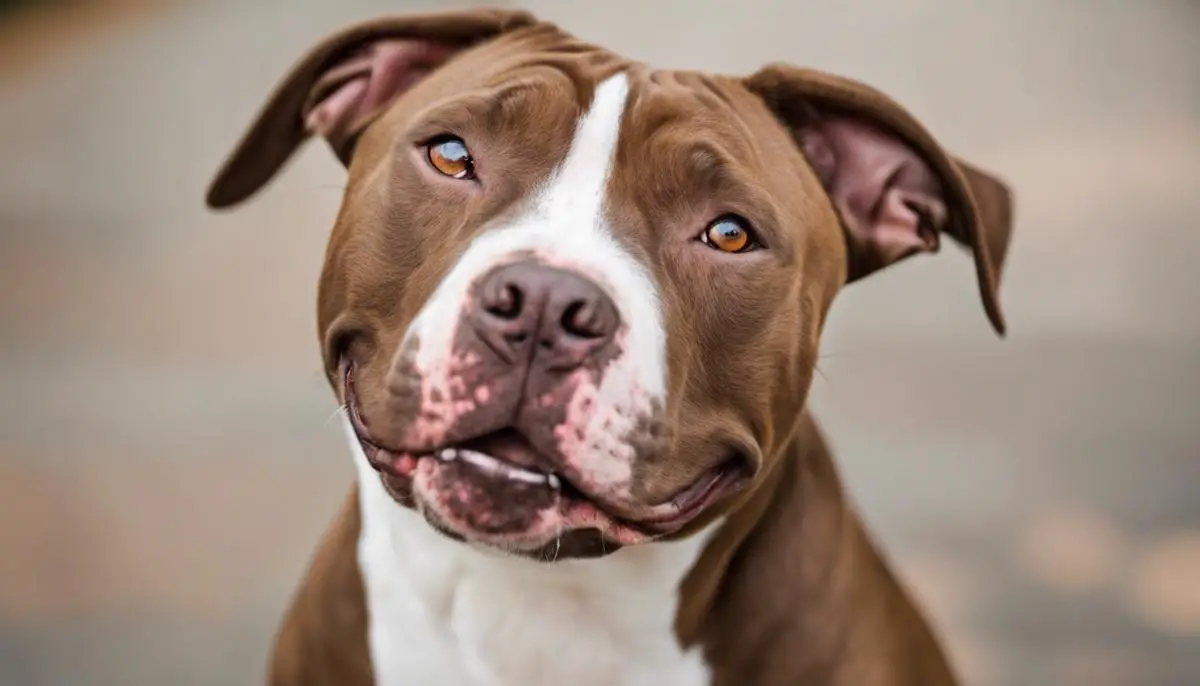 A happy brown and white pit bull with natural uncropped ears