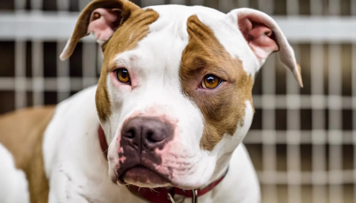 A white and brown pit bull with cropped ears looking sad in an animal shelter