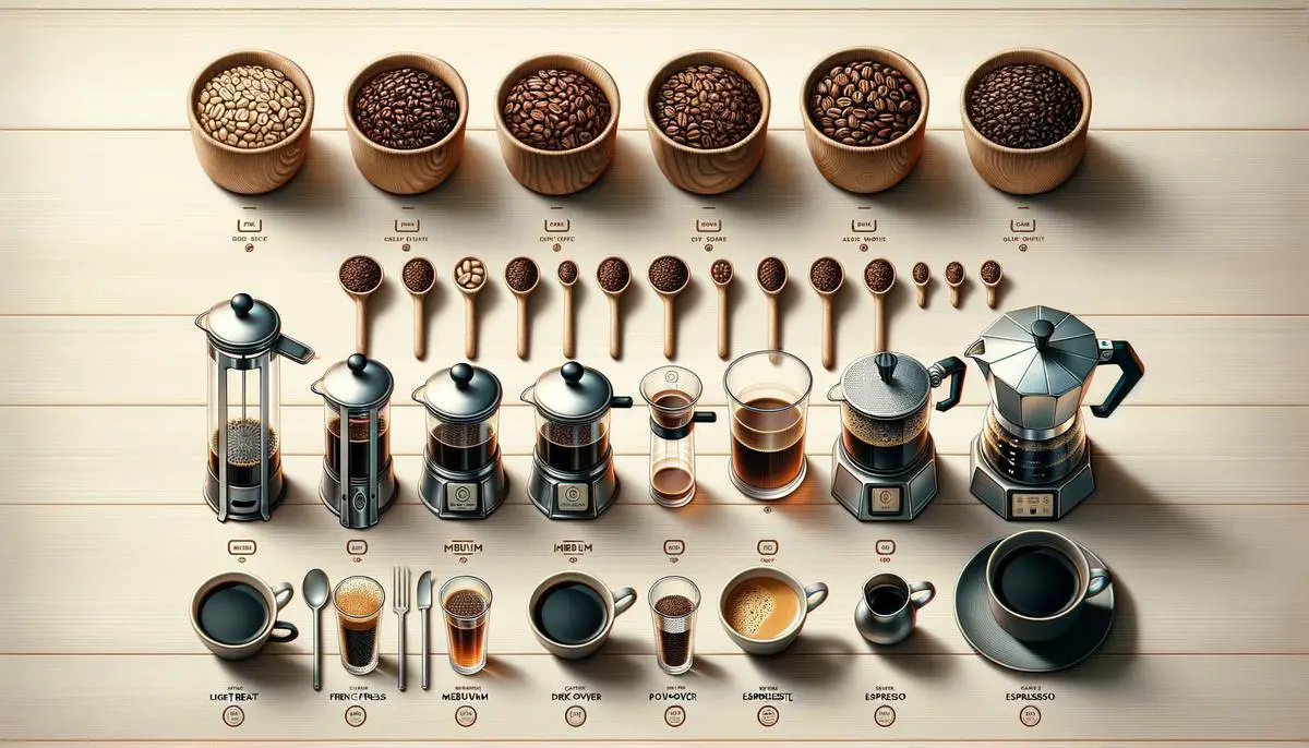 Various types of coffee beans and brewing methods with indicators of their acidity levels, illustrating how coffee choice can impact digestive effects.