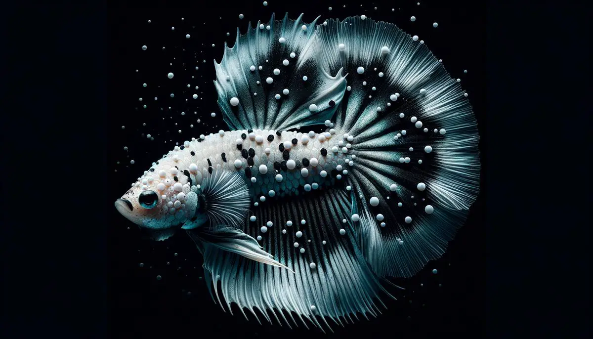 A Betta fish showing signs of Ich or white spot disease, with distinctive white speckles on its body and fins