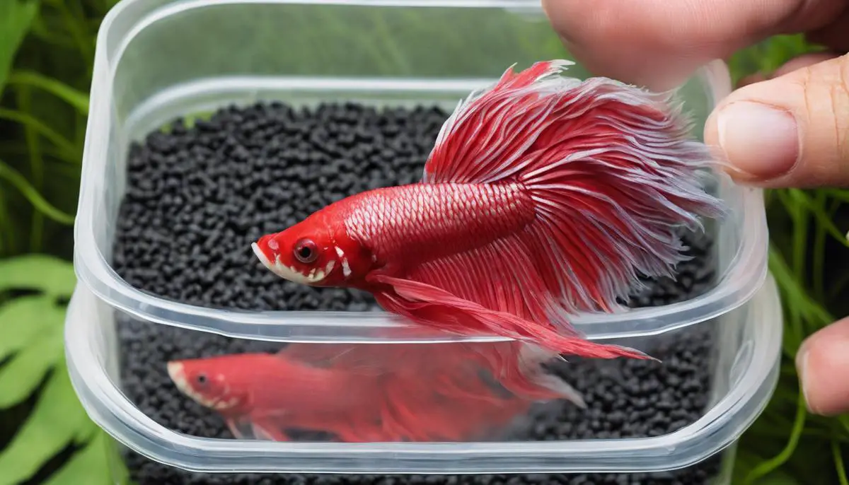 High-quality Betta fish pellets in a container, showing the appropriate size for easy consumption