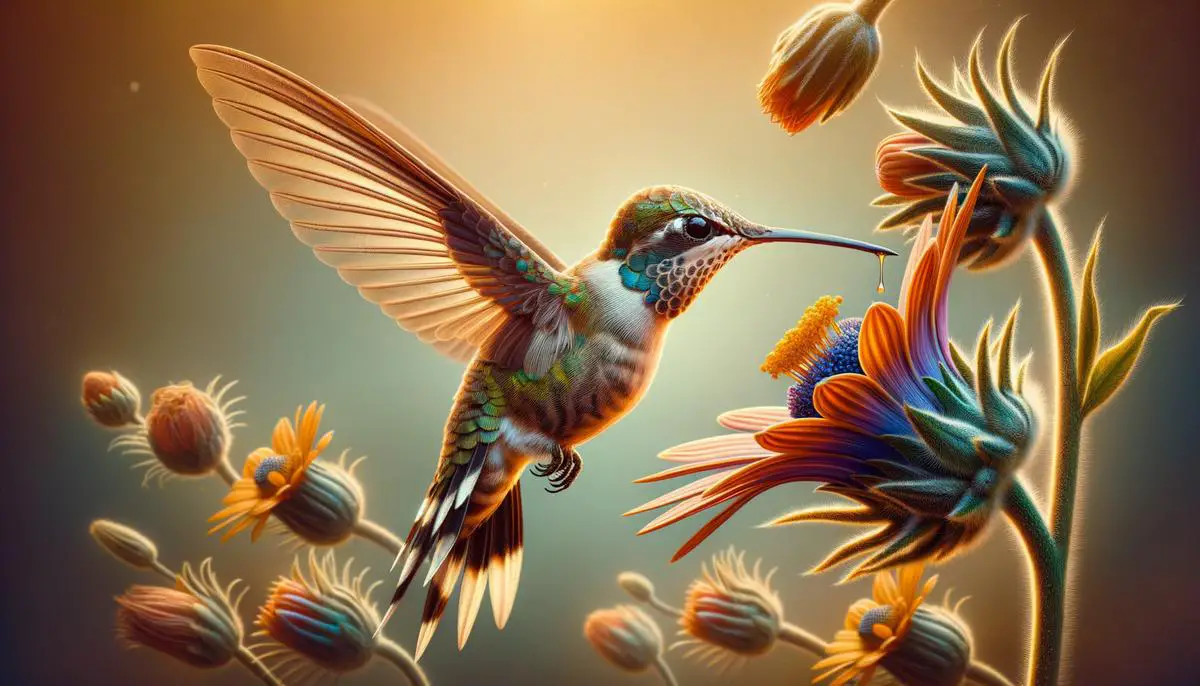 A close-up photograph of a bee hummingbird, the smallest bird in the world, hovering near a flower and feeding on nectar