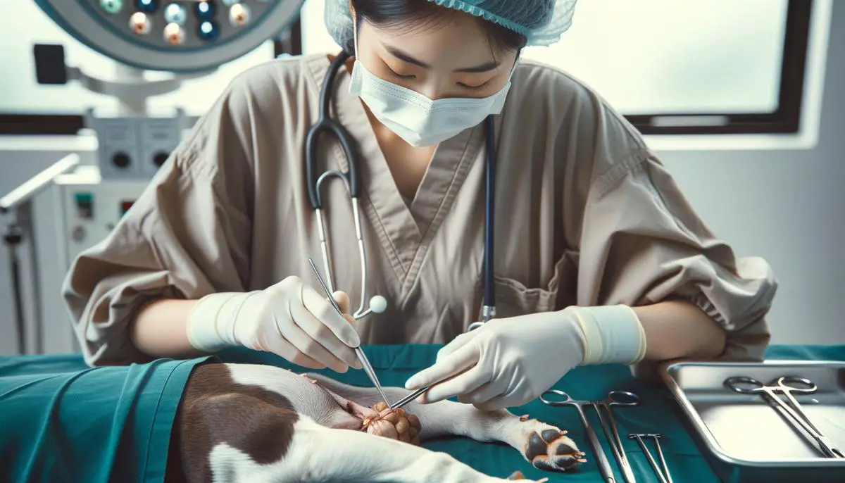 A veterinarian performing a spaying surgery on a female dog