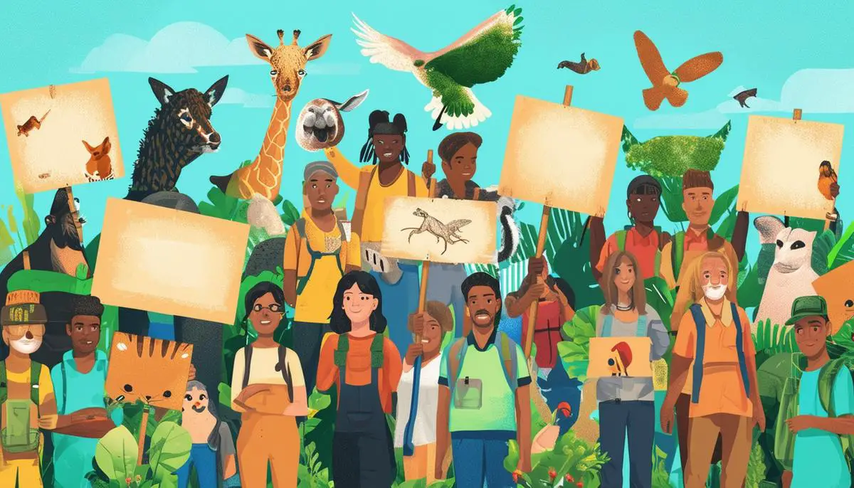 An illustration depicting an environmental awareness campaign, with people holding signs and banners promoting the protection of skinny animals and their habitats