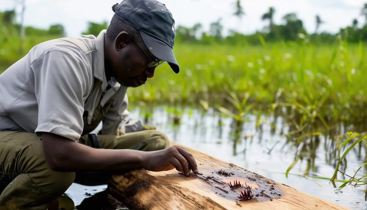 A researcher examining piranha bite marks on a wooden plank in a field laboratory setting