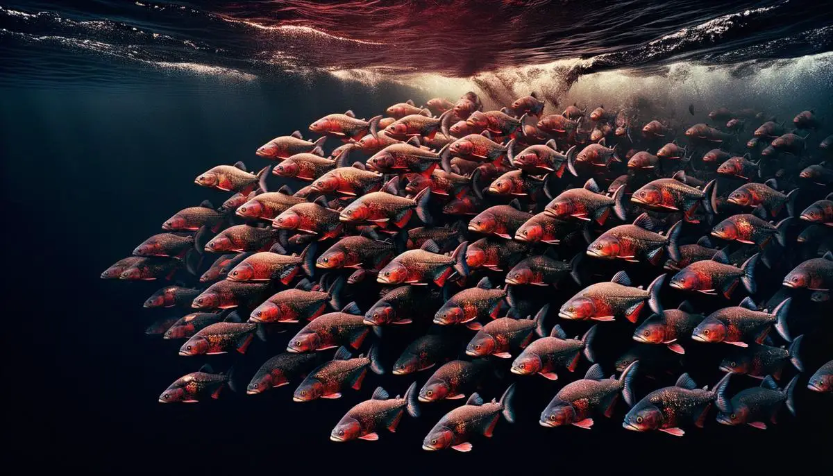 A school of red-bellied piranhas swimming in formation in an Amazonian river