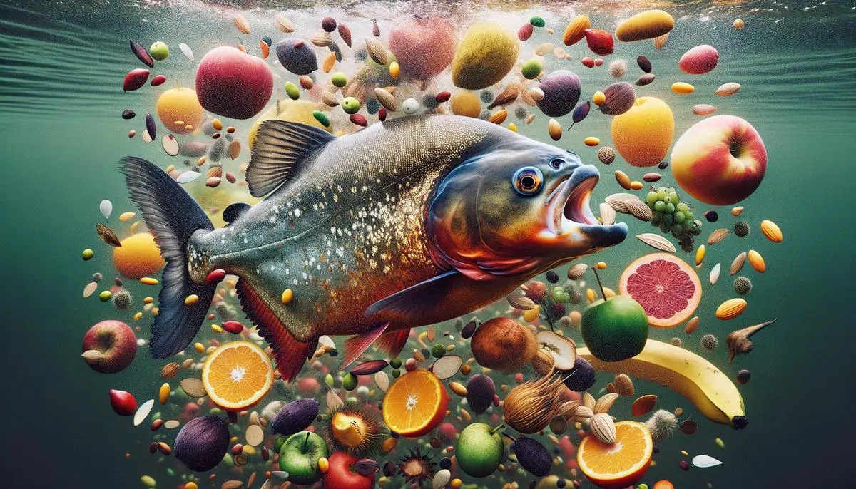 A piranha feeding on colorful fruits and seeds floating in the water