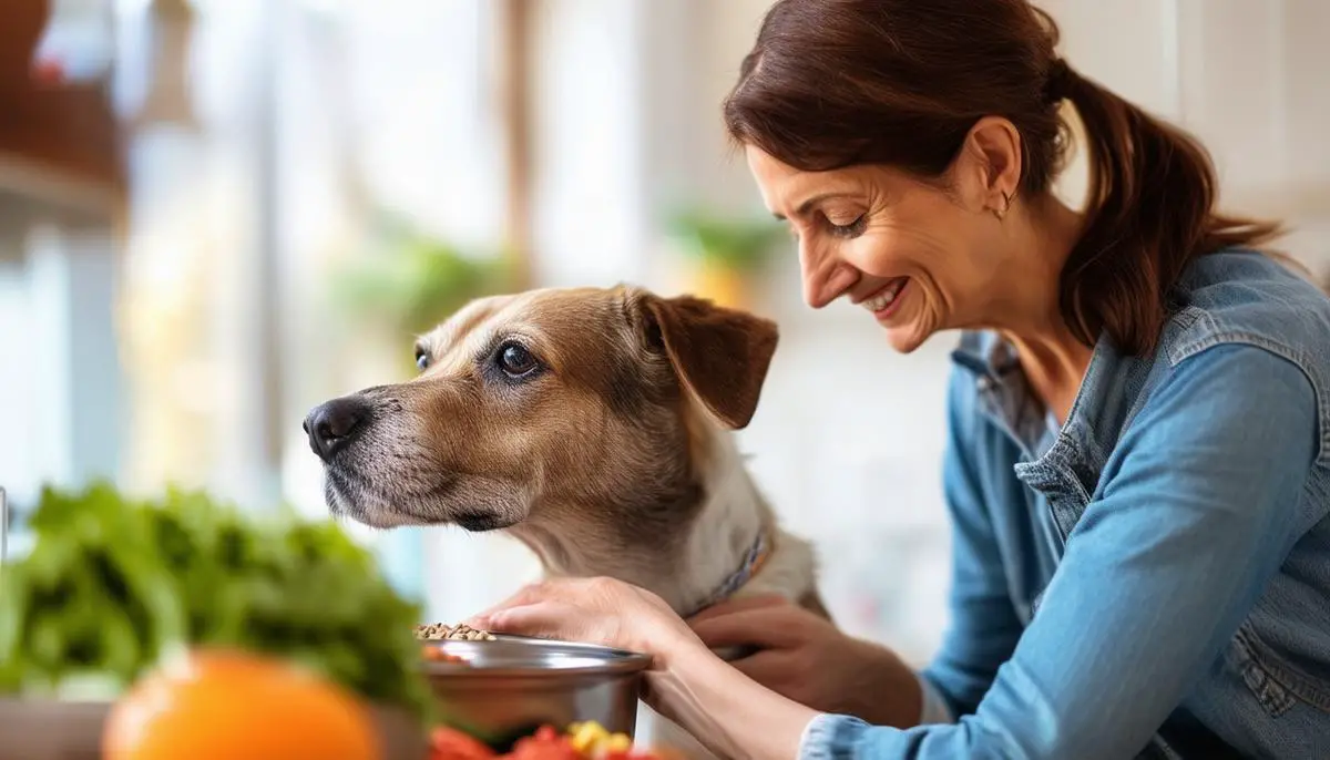 A conscientious pet owner carefully examining the ingredients list on a senior dog food package, emphasizing the importance of informed decision-making when selecting the best diet for their aging companion