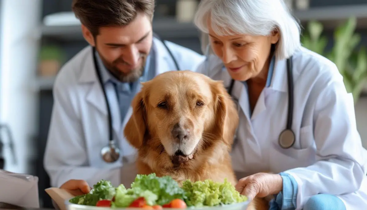 A veterinarian discussing dietary options with a senior dog owner, highlighting the crucial role of professional guidance in managing age-related health concerns through appropriate nutrition