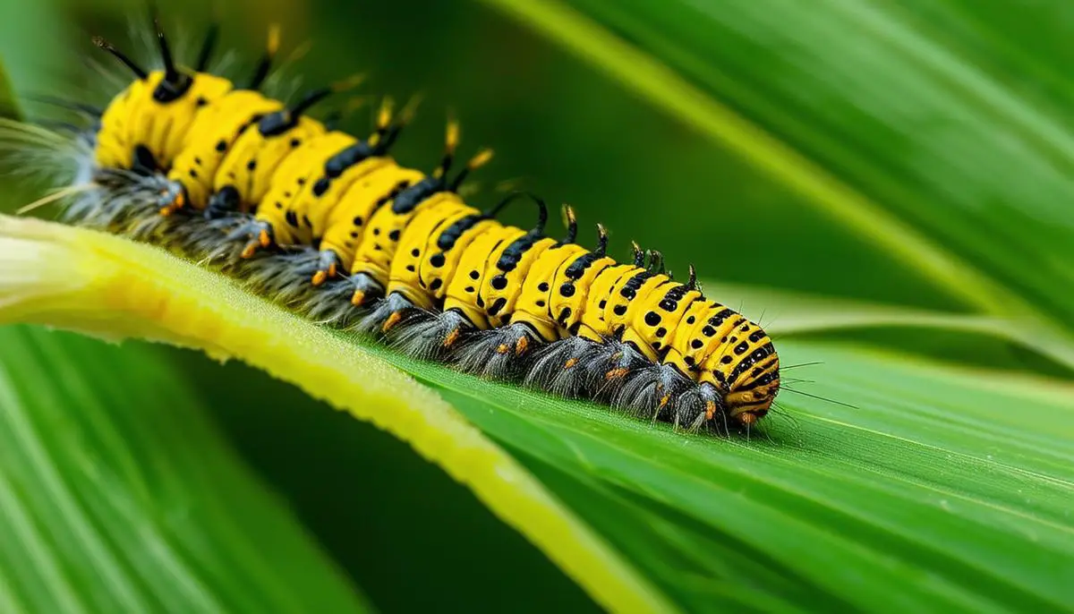 Close-up of caterpillar frass on a corn leaf with a caterpillar nearby