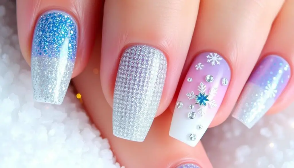 Sparkling winter nail designs featuring icy blue and silver glitter accents, delicate snowflake patterns, shimmering white ombre effects, and glossy crystal embellishments on short manicured nails, set against a soft snowy background with twinkling lights.