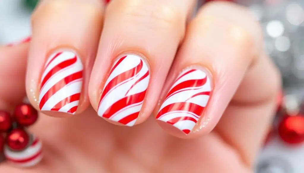 Close-up of beautifully manicured nails featuring candy cane striped designs, vibrant red and white colors, glossy finish, festive holiday setting, sparkling glitter accents, soft focus background with Christmas decorations