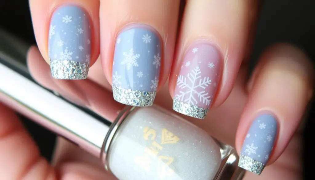 Elegant manicure featuring snow globe designs, incorporating intricate snowflakes, shimmering glitter, and frosty blue and white colors, with a glossy finish and delicate details.