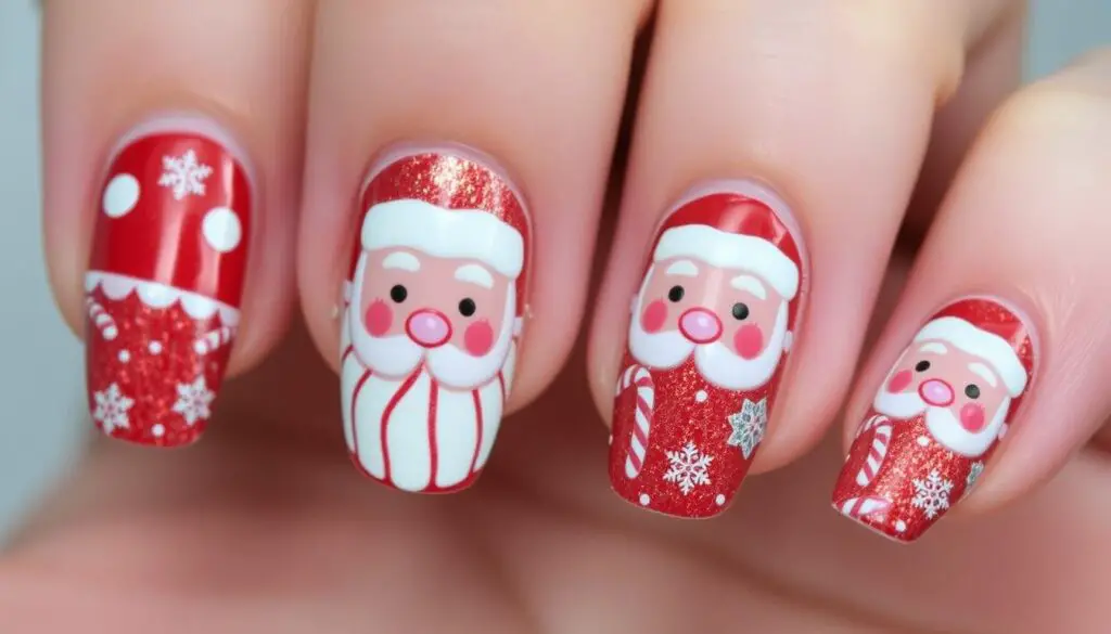 Festive nail art featuring Santa Claus: red and white color palette, intricate Santa faces on nails, glitter accents, snowflakes, and candy canes intermixed, with a glossy finish.