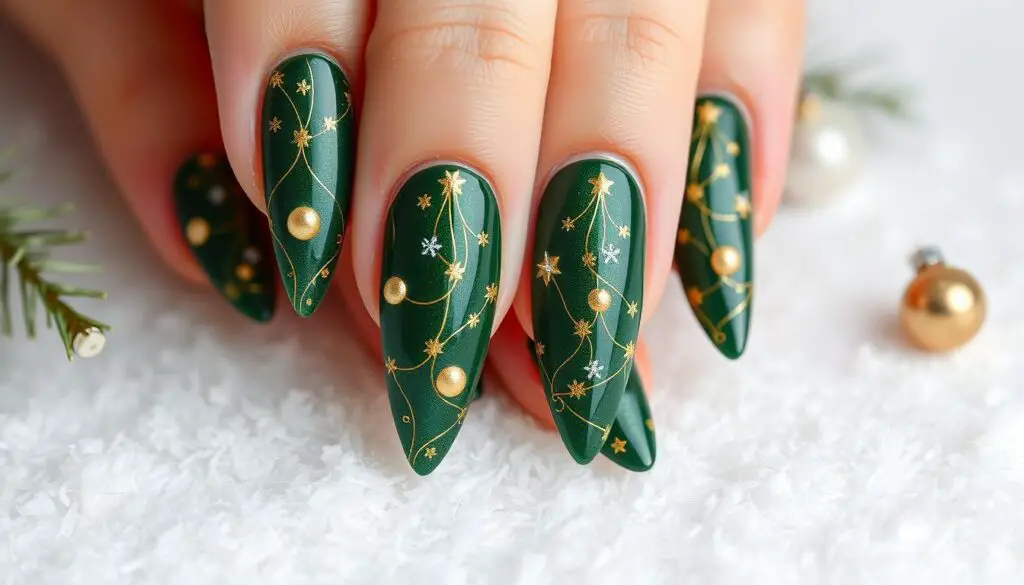 Elegant Christmas tree nail design featuring green and gold accents, adorned with tiny ornaments and sparkling star details, set against a soft winter-themed background, showcasing long almond-shaped nails.