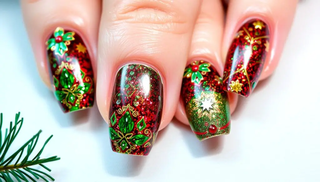 Sparkling glitter nails with a festive color palette, featuring deep reds, bright greens, and shimmering golds, adorned with intricate patterns and jewel-like accents, set against a soft white background to enhance the holiday spirit.