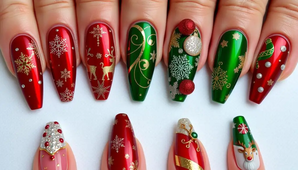 A collection of elegant Christmas-themed nail designs featuring deep red and green colors, sparkling gold accents, intricate snowflake patterns, and festive ornaments. Each nail is uniquely styled with holiday elements like candy canes, glittering stars, and reindeer motifs on a polished backdrop. Include variations in lengths and shapes showcasing different festive styles, all set against a soft, winter-themed background.