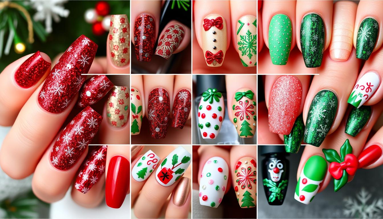 A collection of 20 festive Christmas nail designs, showcasing intricate patterns and colors inspired by holiday themes. Include a variety of styles: vibrant red and green glitter, snowflakes, candy canes, Christmas trees, presents, and holly. Each nail design should be unique, featuring different shapes and lengths, with some adorned with rhinestones or matte finishes, all set against a cozy winter-themed background.