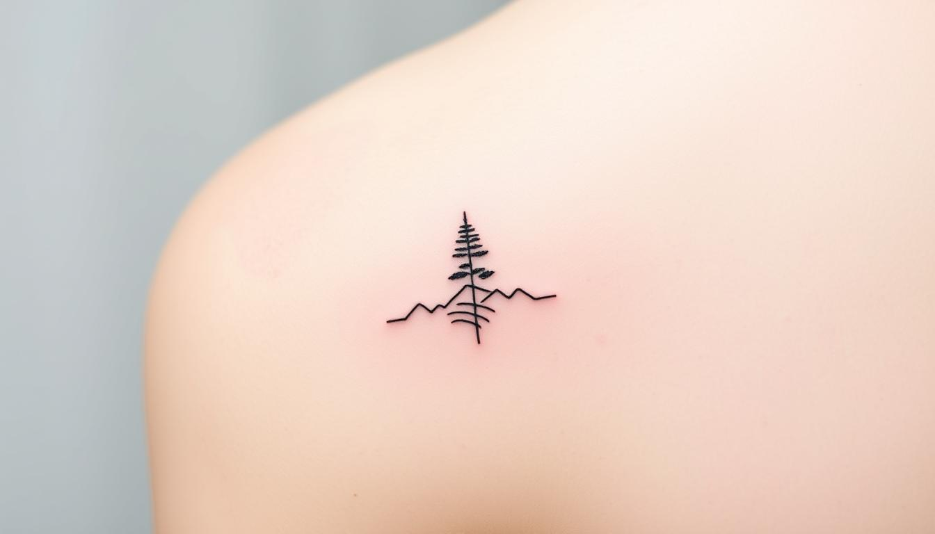 Minimalist fine line tattoo designs featuring delicate nature-inspired elements such as a single mountain peak, a slender tree silhouette, minimalist waves, tiny blossoms, and graceful animal outlines, all rendered in intricate black ink on a smooth skin surface, highlighting simplicity and elegance.