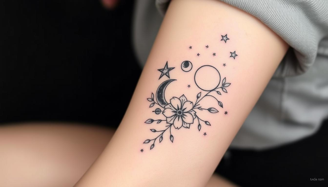 Delicate fine line tattoo designs featuring celestial elements like stars, moons, and planets, intricately intertwined with delicate floral motifs, minimalist style, soft black ink on transparent skin.