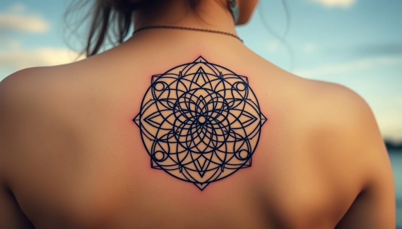 Intricate sacred geometry tattoo design featuring the Flower of Life, interwoven triangles, and circles, all in fine line style, with a minimalist aesthetic and a serene background.