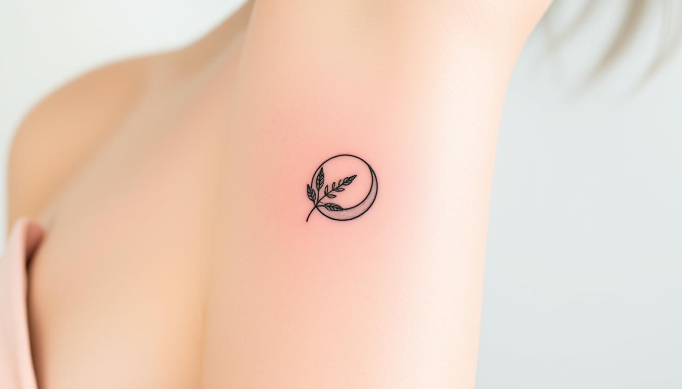 Delicate fine line tattoos featuring nature-inspired elements, such as a small fern intertwined with a crescent moon, minimalist geometric shapes, and abstract floral designs, all emphasizing simplicity and elegance.