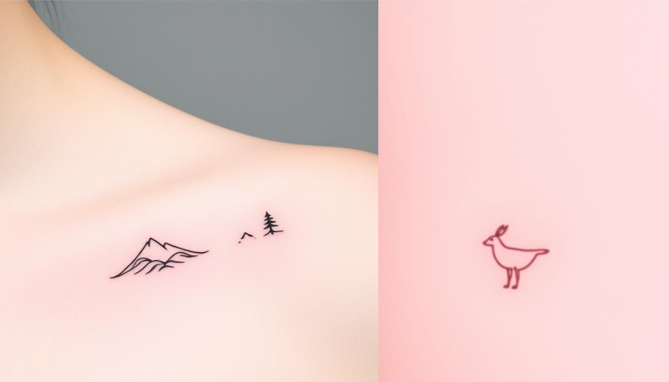 Minimalist fine line tattoo designs featuring delicate nature-inspired elements such as a single mountain peak, a slender tree silhouette, minimalist waves, tiny blossoms, and graceful animal outlines, all rendered in intricate black ink on a smooth skin surface, highlighting simplicity and elegance.