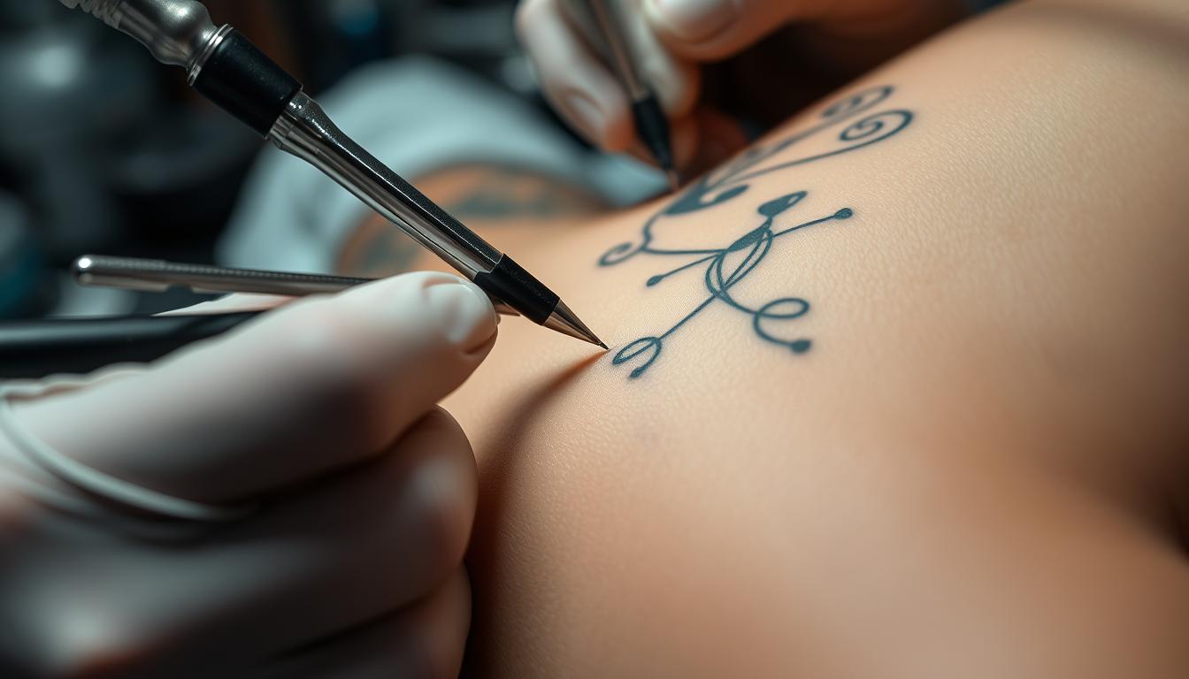 A close-up view of fine line tattoo techniques being demonstrated, showcasing delicate needle work and intricate designs on skin, highlighting the precision and artistry involved, with soft lighting to enhance the details of the tattoos, surrounded by tattooing tools and inks in an artist's workspace.