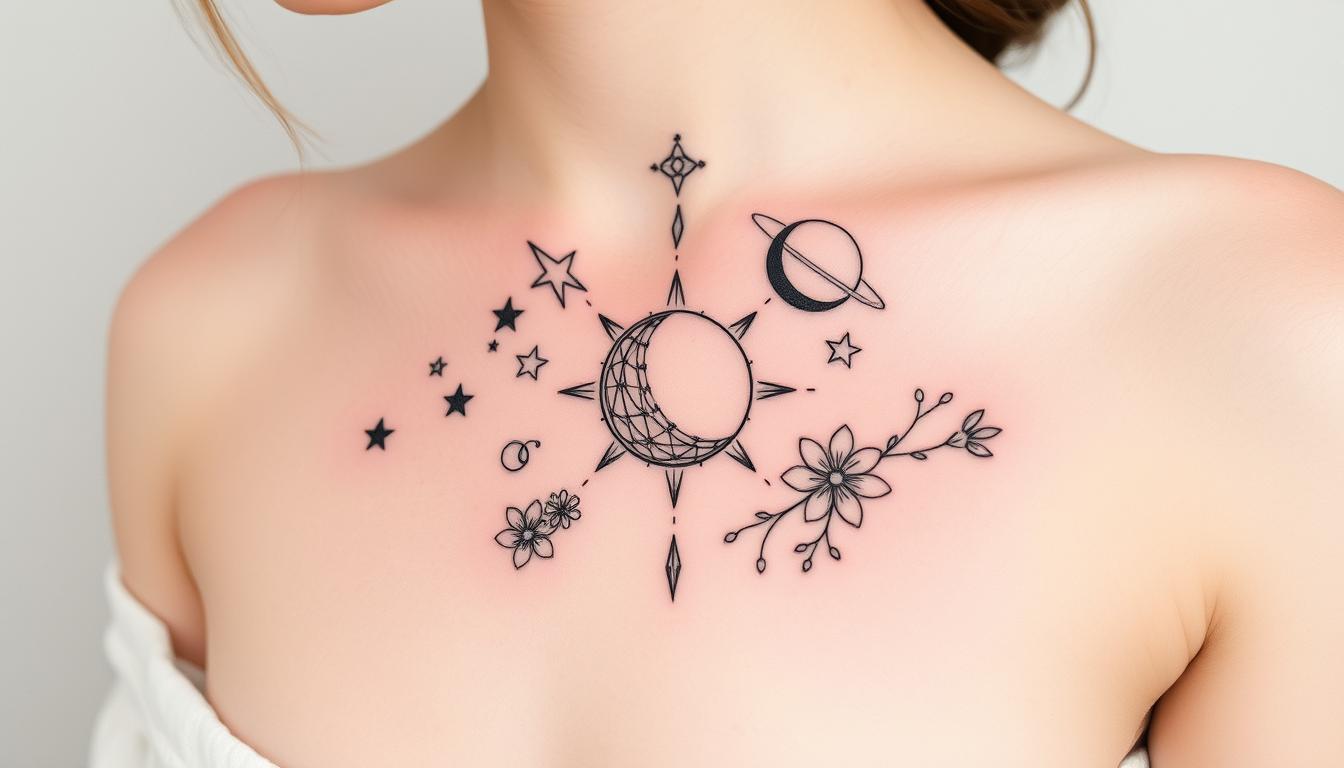 Delicate fine line tattoo designs featuring celestial elements like stars, moons, and planets, intricately intertwined with delicate floral motifs, minimalist style, soft black ink on transparent skin.