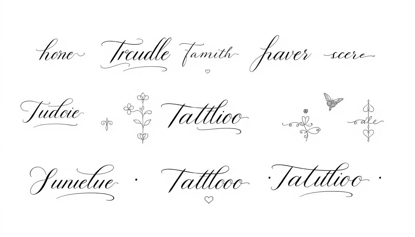 A collection of elegant fine line tattoo designs featuring intricate typography, showcasing various styles of script lettering, arranged in a harmonious composition, emphasizing delicate lines, minimalistic aesthetics, and meaningful symbols intertwined with the text elements. Soft monochrome color palette with subtle shading, set against a neutral background to highlight the artistry.