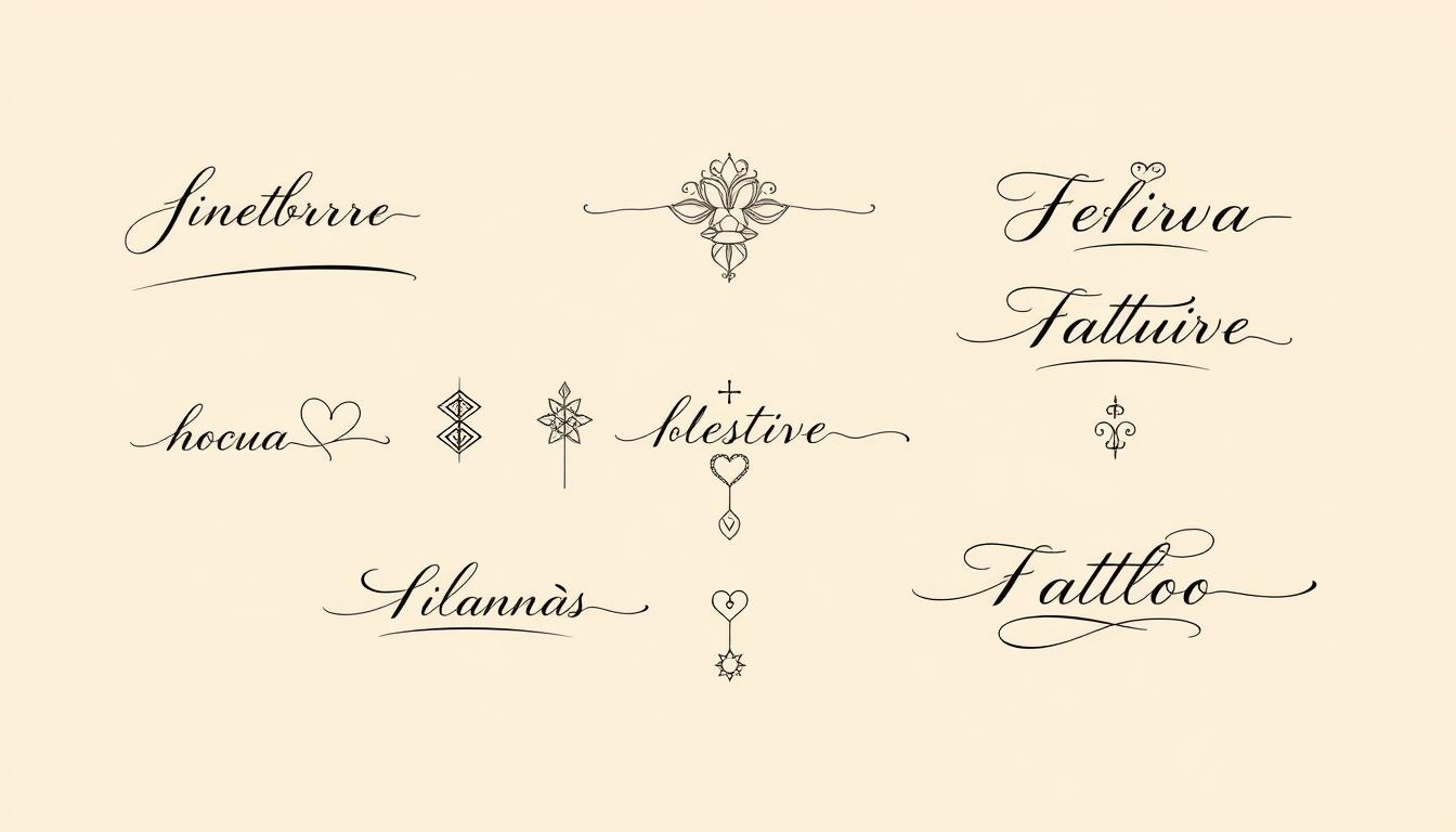 A collection of elegant fine line tattoo designs featuring intricate typography, showcasing various styles of script lettering, arranged in a harmonious composition, emphasizing delicate lines, minimalistic aesthetics, and meaningful symbols intertwined with the text elements. Soft monochrome color palette with subtle shading, set against a neutral background to highlight the artistry.