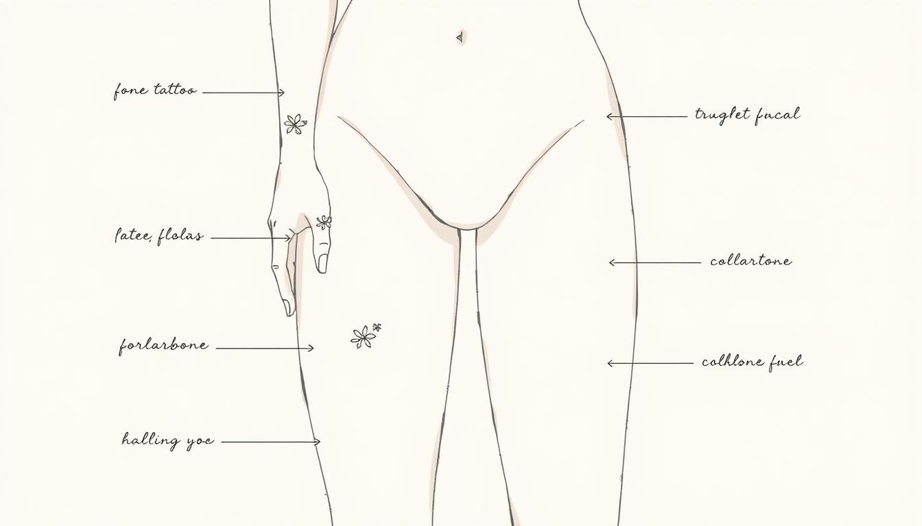 A detailed illustration of a human figure showcasing various fine line tattoo placements on the body, emphasizing delicate designs on the wrist, forearm, collarbone, and ankle. The tattoos include subtle floral patterns, minimalist geometric shapes, and small symbols. The figure should be in a soft, neutral color palette with an artistic focus on the fine line details of each tattoo, capturing their elegance and significance without any text or additional elements.