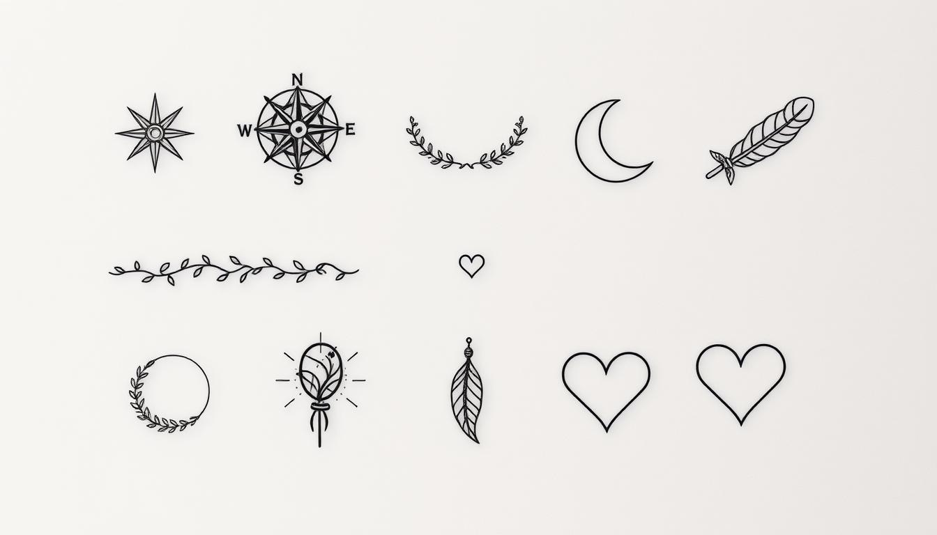 A collection of intricate fine line tattoo designs, featuring delicate symbols such as a minimalist compass, intertwined vines, a small crescent moon, an elegant feather, and a simple heart, all arranged artistically on a soft textured background, showcasing deep personal significance and meaningful connections.