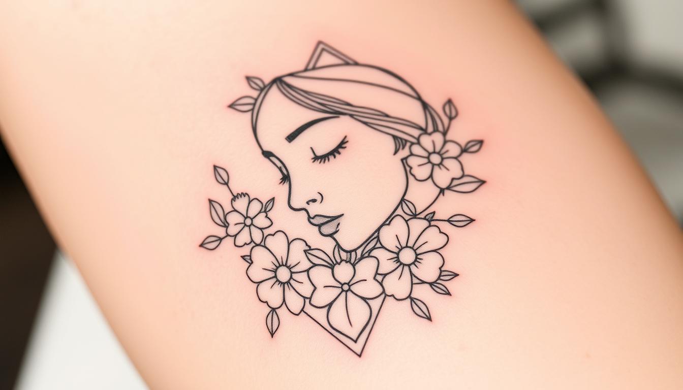 Delicate fine line portrait tattoo design featuring a serene face, intertwined floral elements, and subtle geometric shapes, embodying remembrance and tranquility. Soft shading and minimalistic style create an elegant and meaningful tribute.