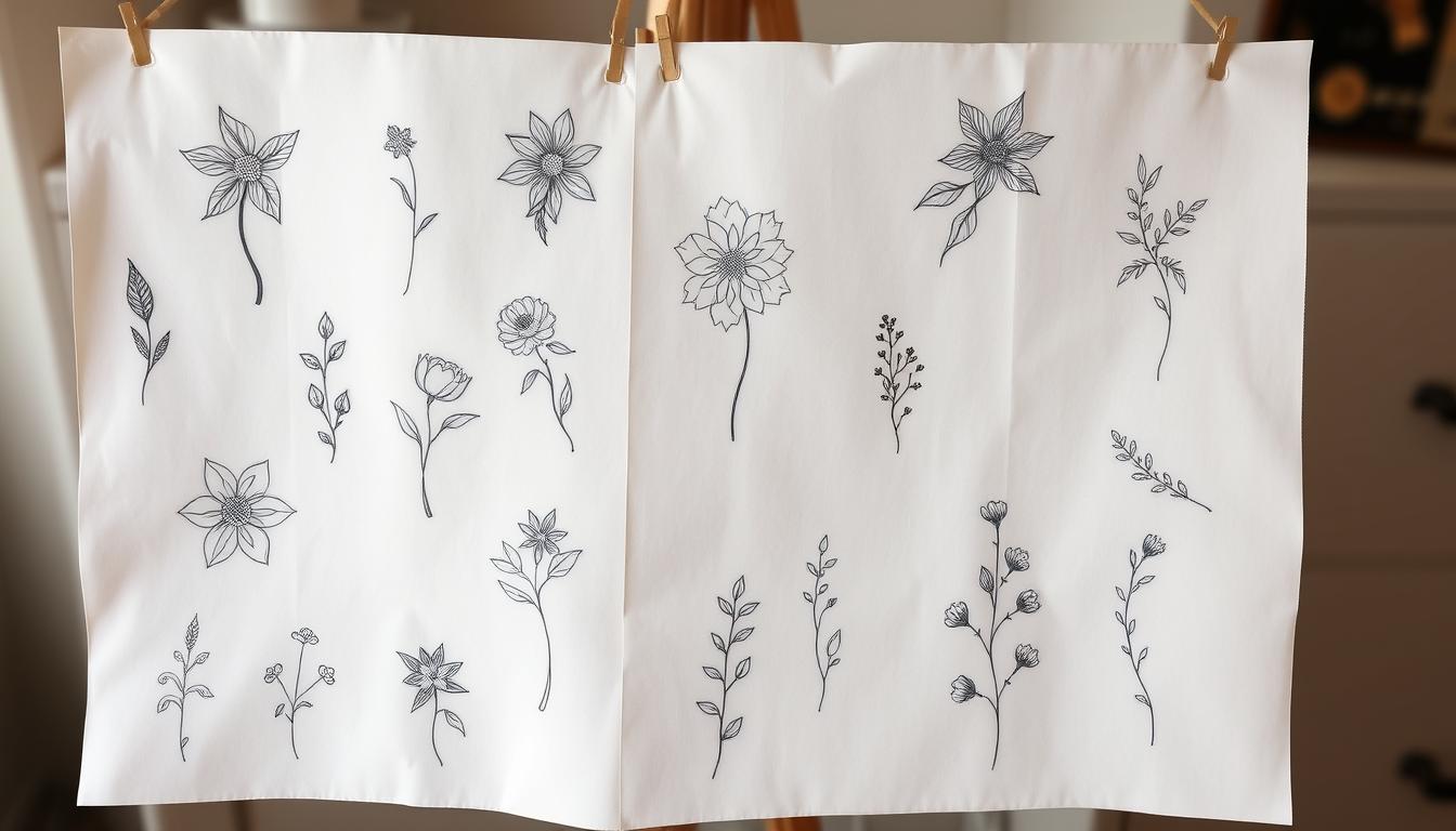 A collection of delicate fine line tattoos displayed on a canvas, featuring intricate floral designs, minimalistic geometric shapes, and subtle nature elements, showcasing various styles of fine line artistry with soft shading and elegant details. The background is softly blurred to enhance the visibility of the tattoos, creating a serene and artistic atmosphere.