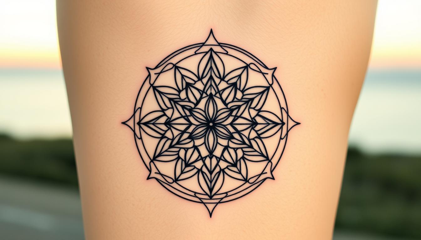 Intricate sacred geometry tattoo design featuring the Flower of Life, interwoven triangles, and circles, all in fine line style, with a minimalist aesthetic and a serene background.