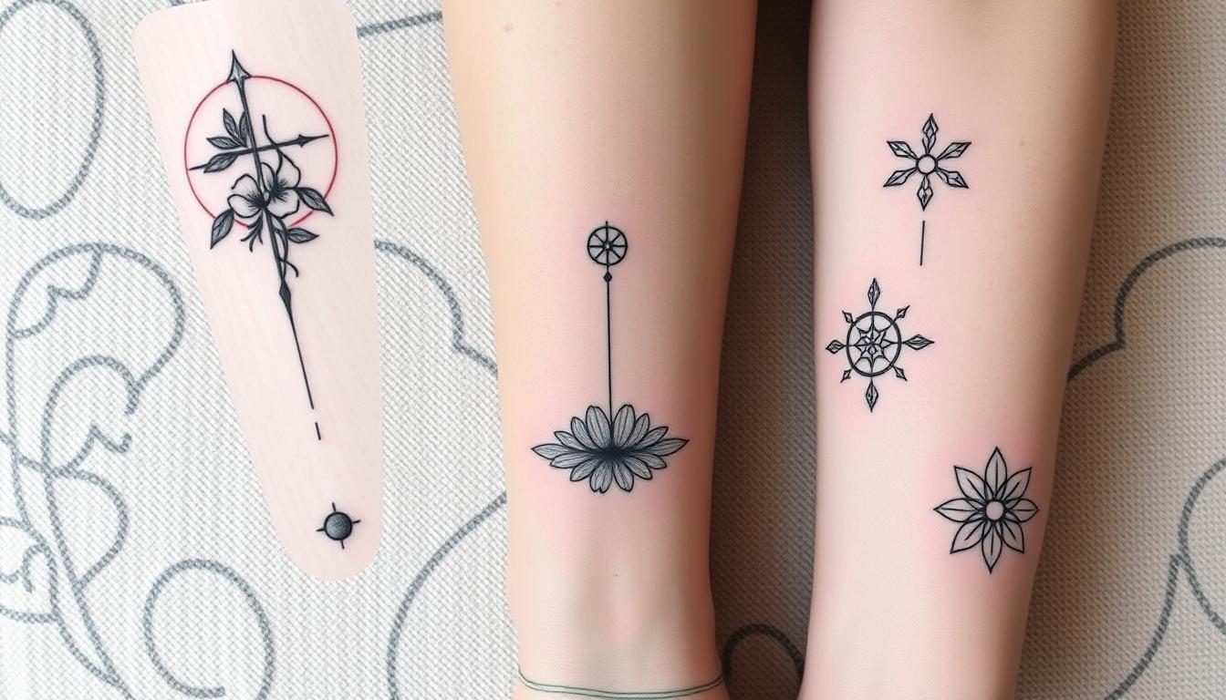 A collection of fine line tattoos featuring delicate designs, including minimalist floral patterns, abstract shapes, and symbolic imagery, arranged aesthetically on a textured background, showcasing the flow and connection between each piece, emphasizing their deep significance and artistry.