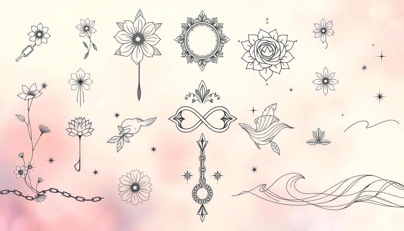 A visually striking collage depicting various fine line tattoo designs. Include delicate floral patterns, intricate geometric shapes, and symbolic elements like the infinity sign and minimalistic animals. The background should be soft and ethereal, with a blend of subtle colors to enhance the delicate nature of the tattoos. Focus on contrasting images that represent misconceptions versus reality, symbolized through imagery like broken chains representing pain versus gentle waves implying ease.