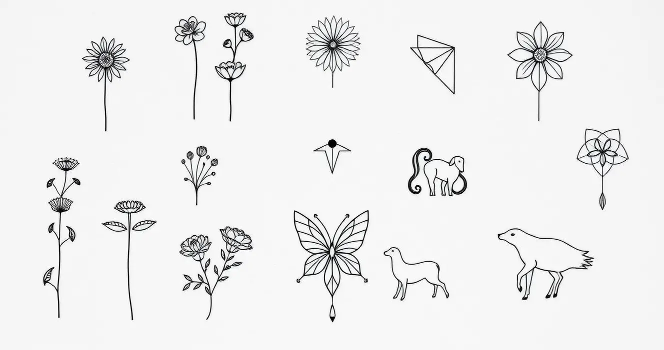 A collection of delicate fine line tattoos, each featuring intricate designs such as minimalist flowers, geometric shapes, and symbolic animals, arranged artistically on a soft textured background, showcasing the deep significance of love, strength, and nature.