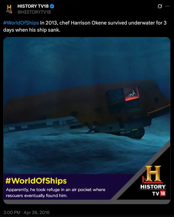 Man found alive at the bottom of the sea after 3 days trapped in a sunken ship This precaution, however, sealed their fate. Eleven perished. Okene, by chance, found himself in a small air pocket in the officers’ quarters.