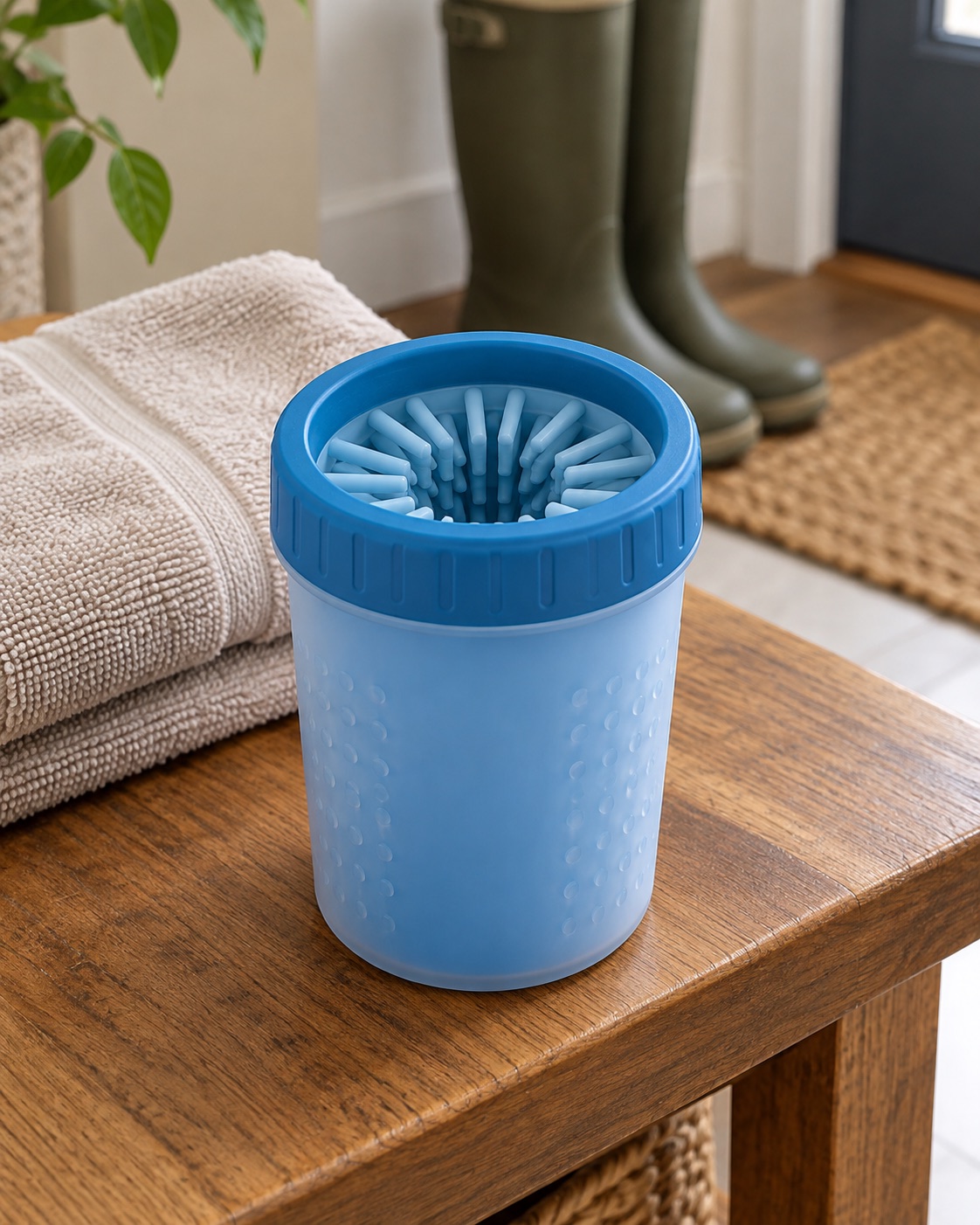10 Dog Paw Cleaners for Muddy Apartment Entryways Small blue cylindrical paw washer with inward silicone bristles on an entryway bench
