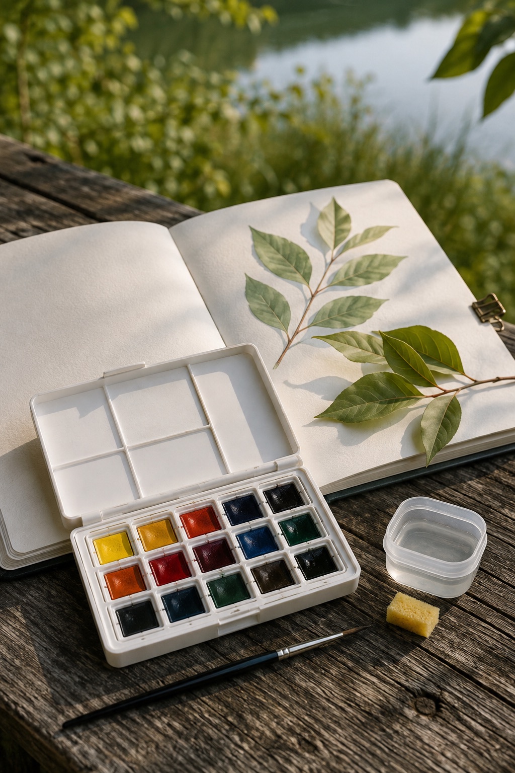 12 Portable Watercolor Sets for Beginner Nature Journaling Compact watercolor field palette beside a botanical nature journal