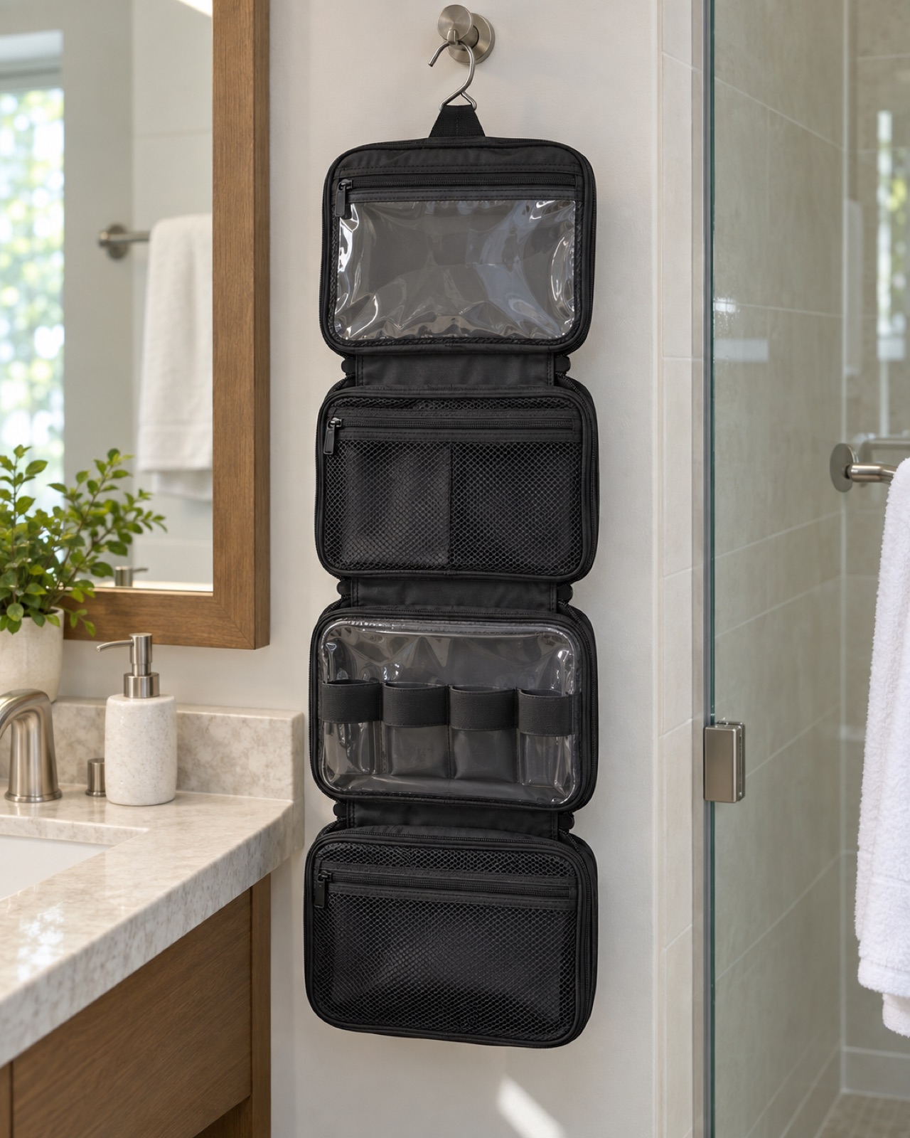 Open black HOTOR medium hanging toiletry organizer in a compact hotel bathroom