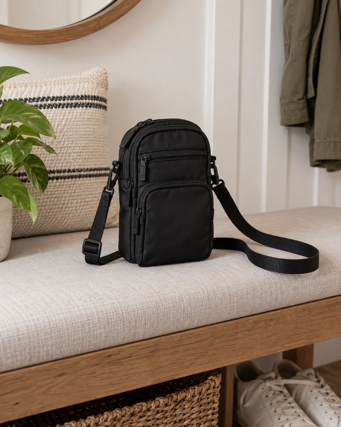 Black nylon multi-pocket crossbody phone bag on an entryway bench