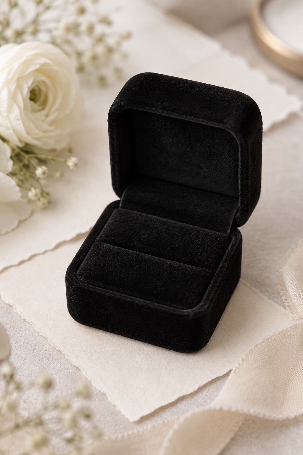 Black square velvet ring box opened on neutral wedding stationery.